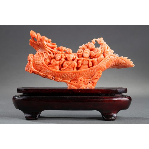 Chinese coral dragon shaped boat with women musicians on it